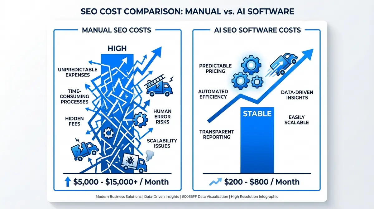 Infographic comparing manual SEO costs versus AI SEO software for pest control pricing efficiency