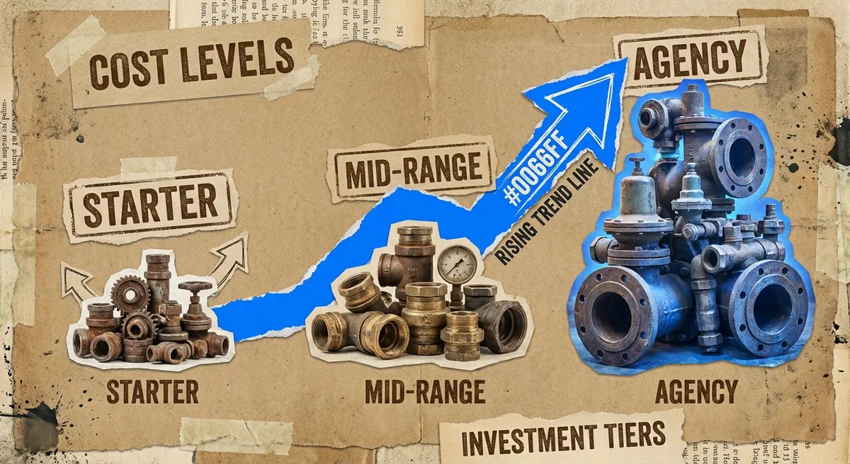 Infographic showing three tiers of AI SEO investment for plumbers