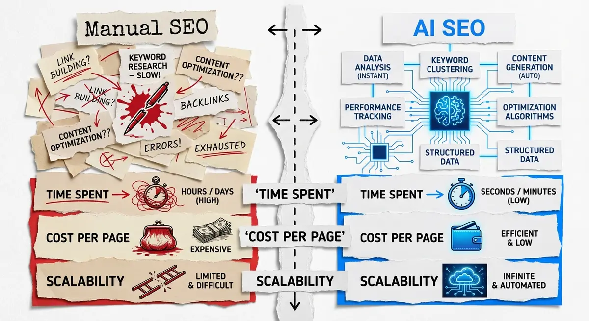 Infographic comparing manual SEO expenses against AI SEO software for language schools cost