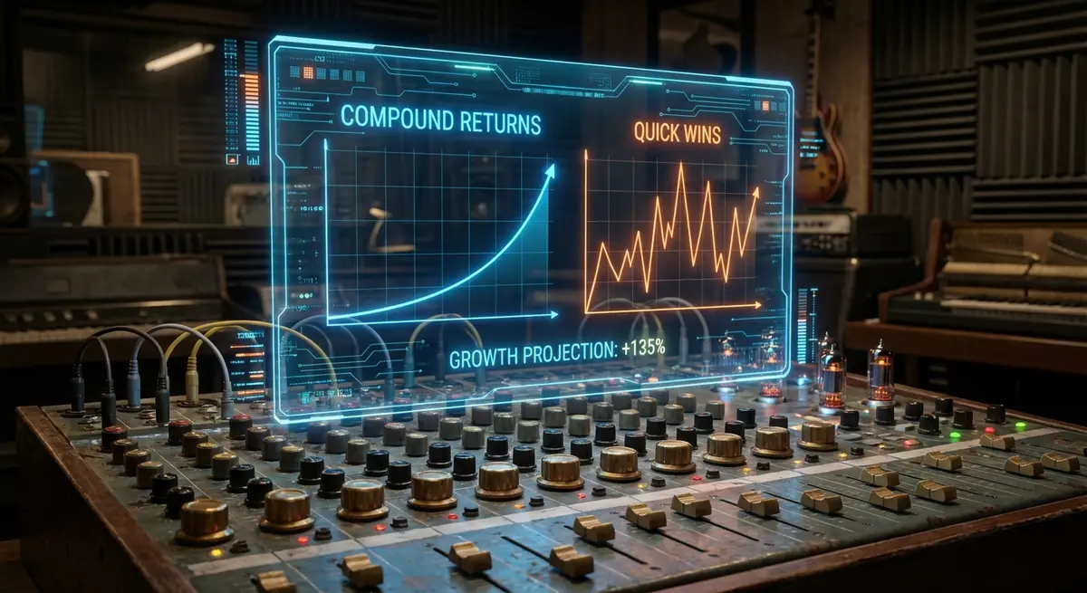 Dashboard comparing manual SEO grind versus AI SEO software compound returns for recording studios