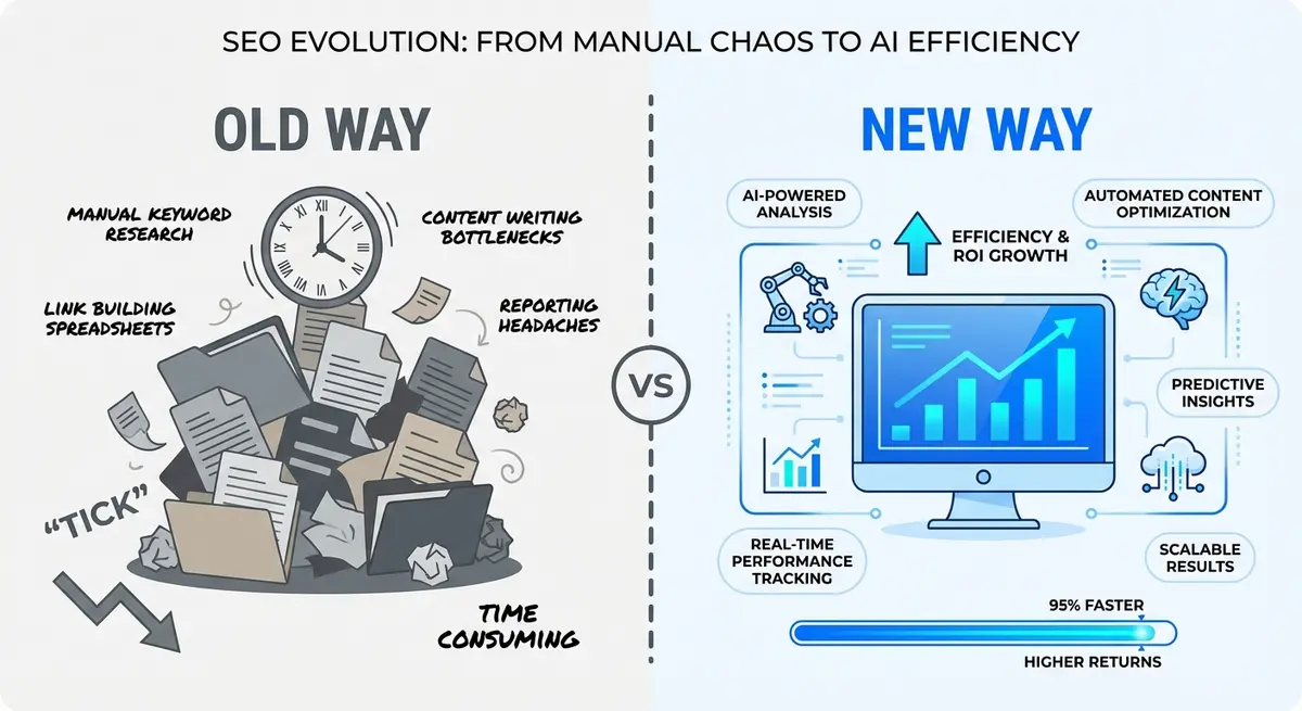 Comparison of manual SEO labor versus AI SEO software efficiency for wedding planners