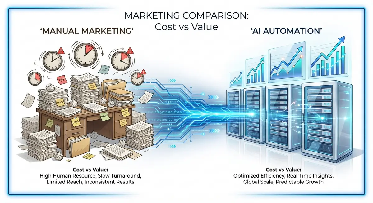 Comparison of manual marketing versus AI SEO software for yoga studios cost efficiency