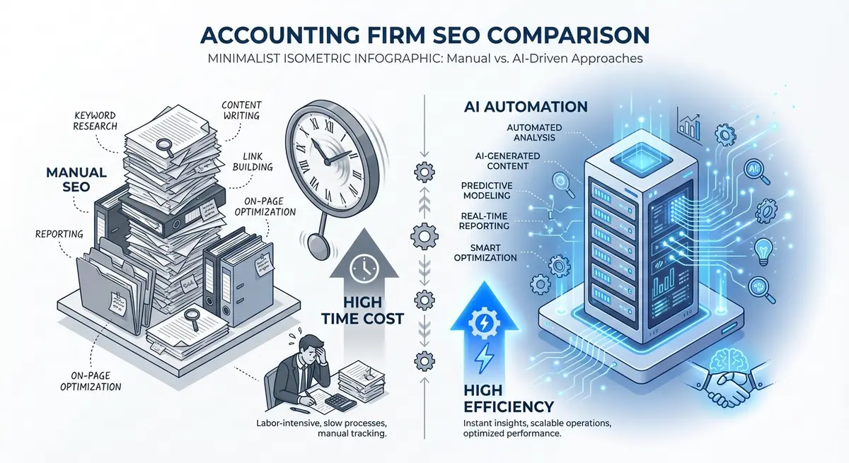 Infographic comparing manual SEO labor costs versus AI SEO tool efficiency for accountants