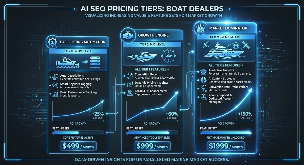 AI SEO Tool for Boat Dealers Pricing Tiers Infographic