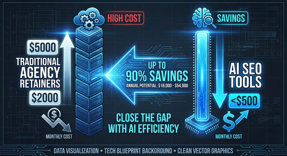 Cost comparison infographic showing AI SEO tool for electricians pricing versus traditional agency fees
