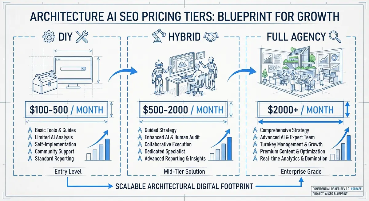 Infographic comparing AI SEO tool cost tiers for architecture firms