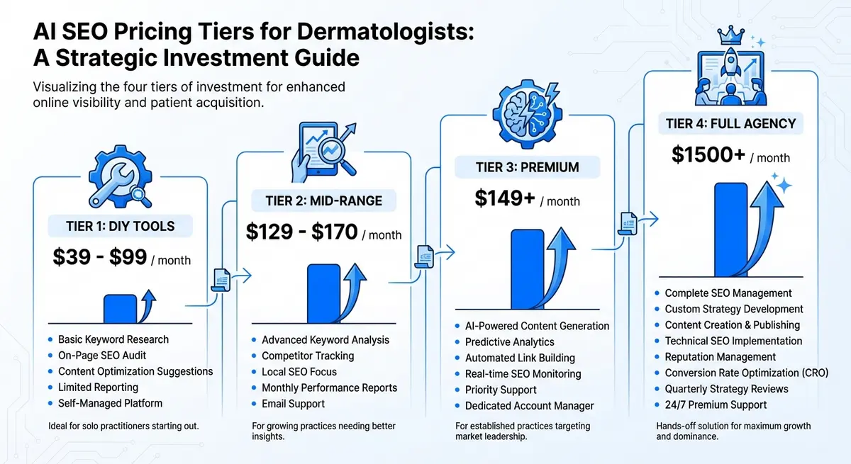 Infographic showing ai seo tool for dermatologists pricing tiers from DIY to Agency
