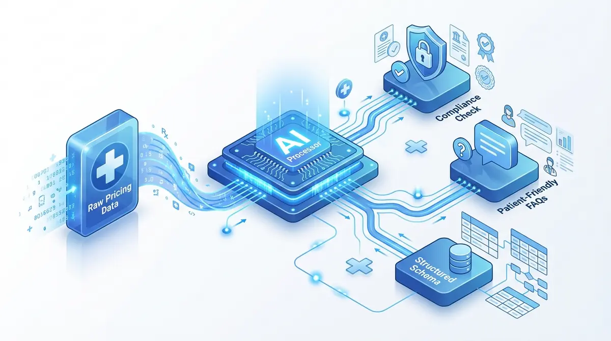Infographic showing how an AI SEO tool for healthcare pricing processes data into compliant content
