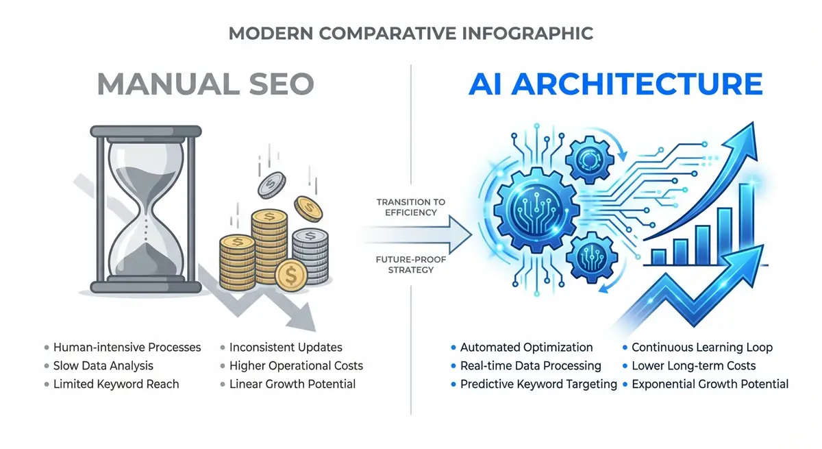 Infographic comparing manual legal SEO costs versus AI SEO tool investment returns