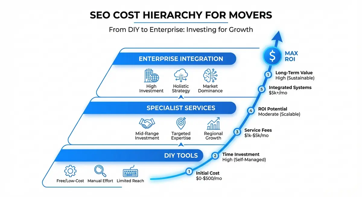 Infographic showing AI SEO tool for moving companies cost tiers and ROI potential