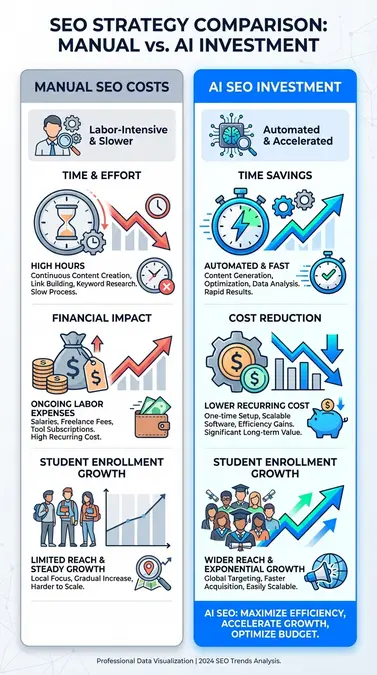 Infographic comparing manual SEO costs versus AI SEO tool for tutoring centers cost and ROI