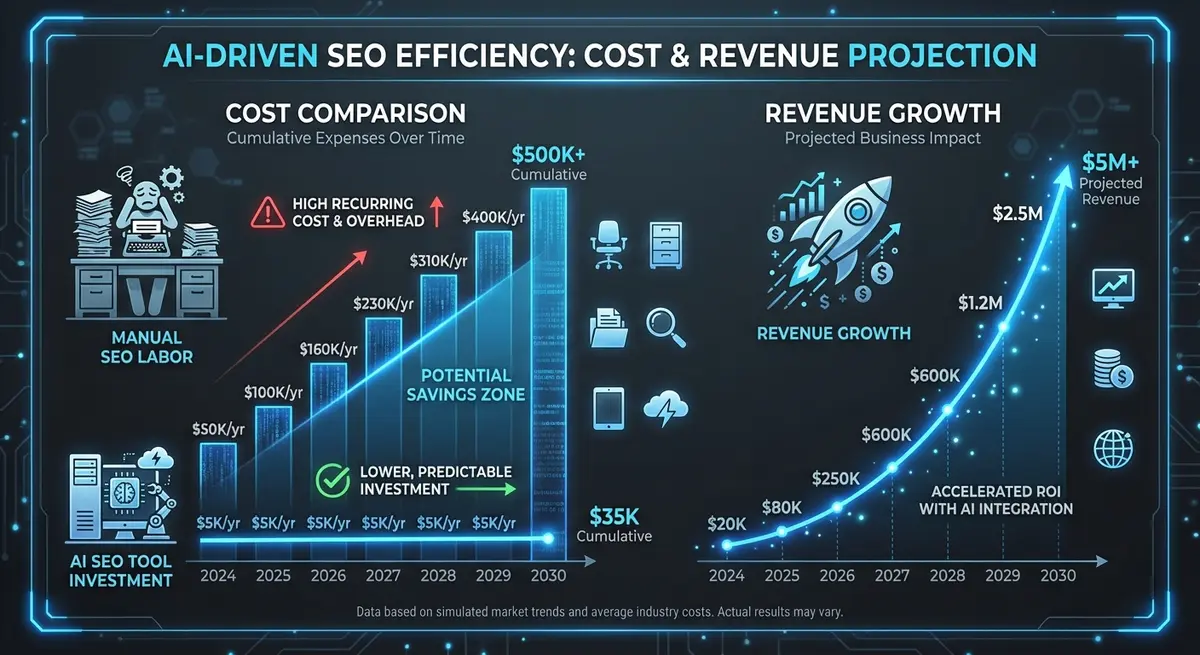 Infographic comparing manual labor costs versus AI SEO tool for furniture stores cost and ROI
