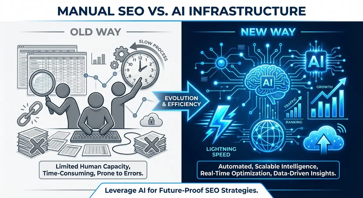 Infographic comparing manual SEO costs versus AI SEO tool for garage door companies cost and efficiency