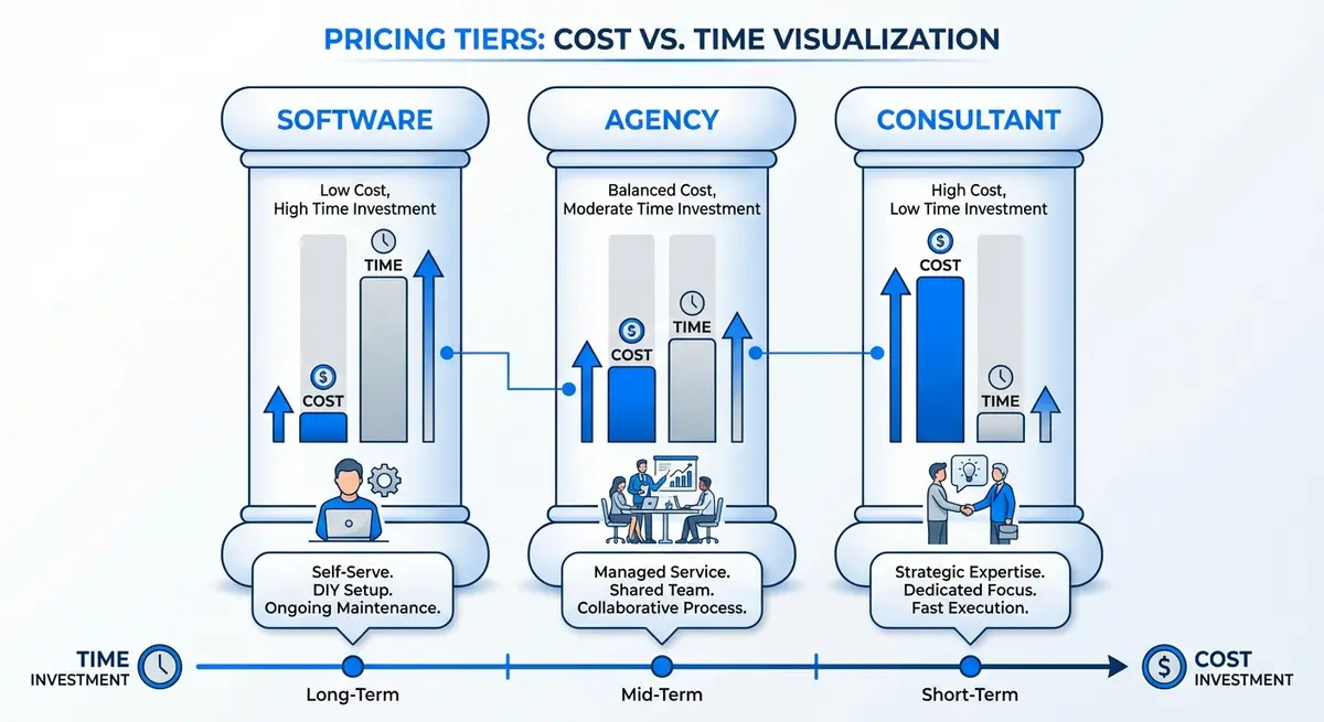Comparison of ai seo tool for hr consulting firms pricing tiers: Software vs Agency vs Consultant