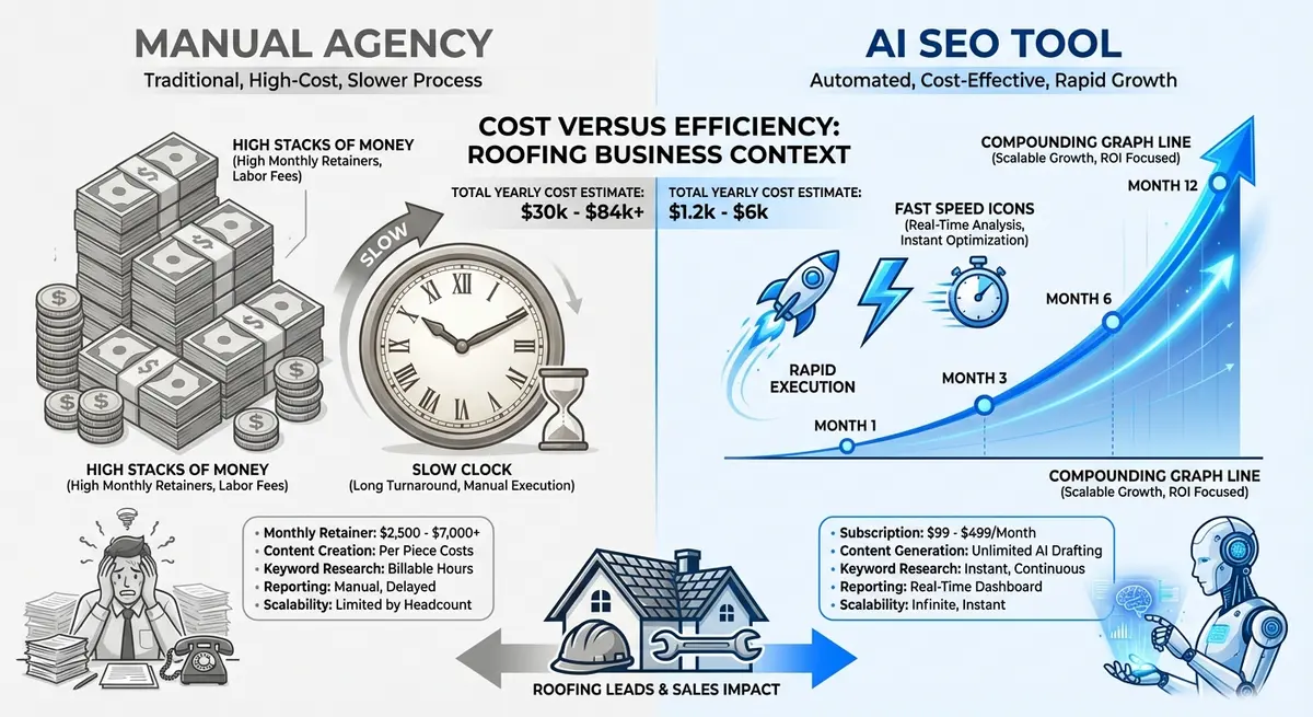 Infographic comparing AI SEO Tool for Roofing Companies Cost vs traditional agency fees