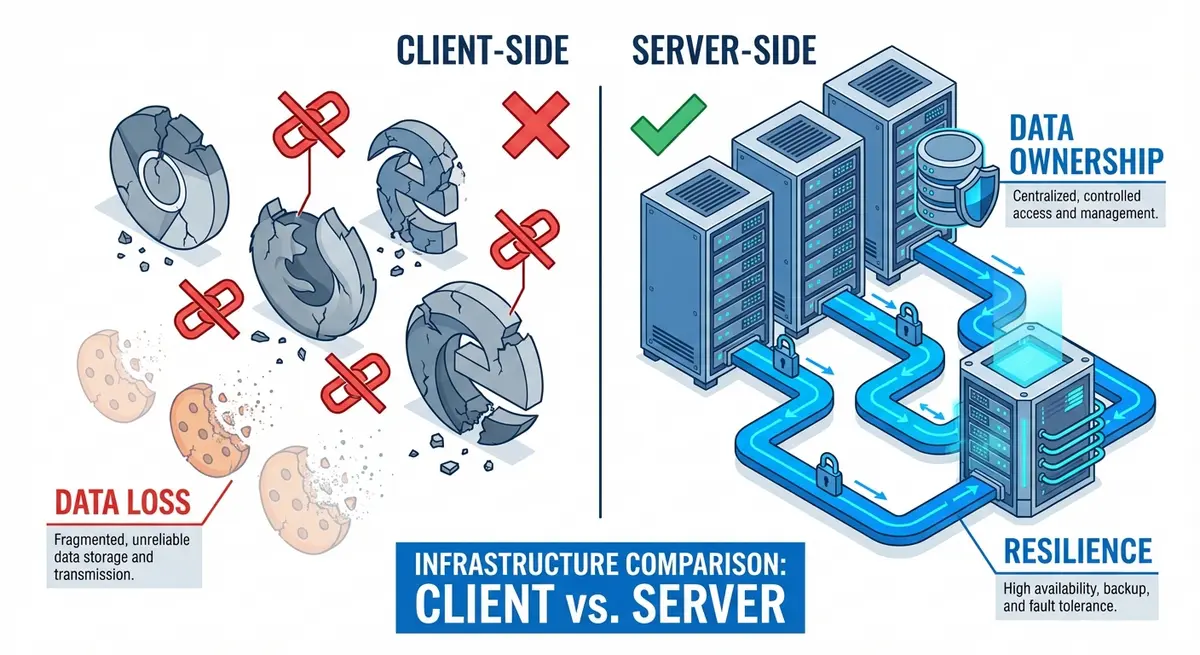 Comparison of client-side data loss versus AI server-side tracking resilience