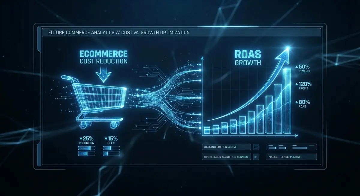Infographic showing AI shopping assistant optimization effects on ecommerce cost and ROAS