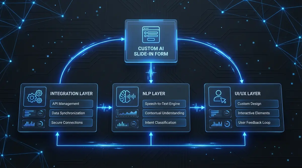 Infographic breaking down ai slide-in form cost components including integration and NLP layers