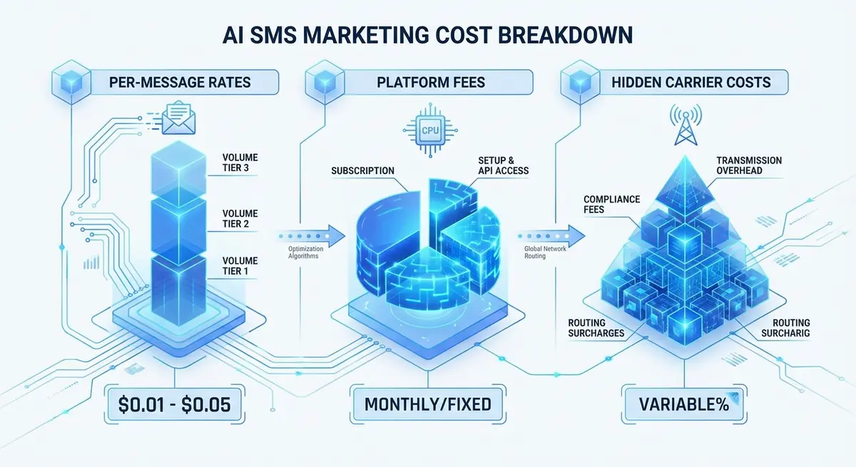 Breakdown of AI SMS marketing cost components including per-message fees and platform subscriptions