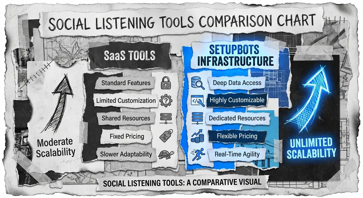 Comparison infographic of AI social listening pricing models and tools
