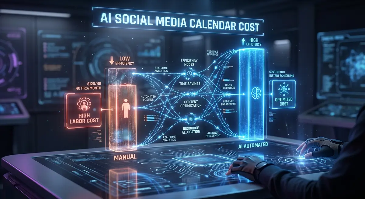 3D visualization of ai social media calendar cost efficiency comparison