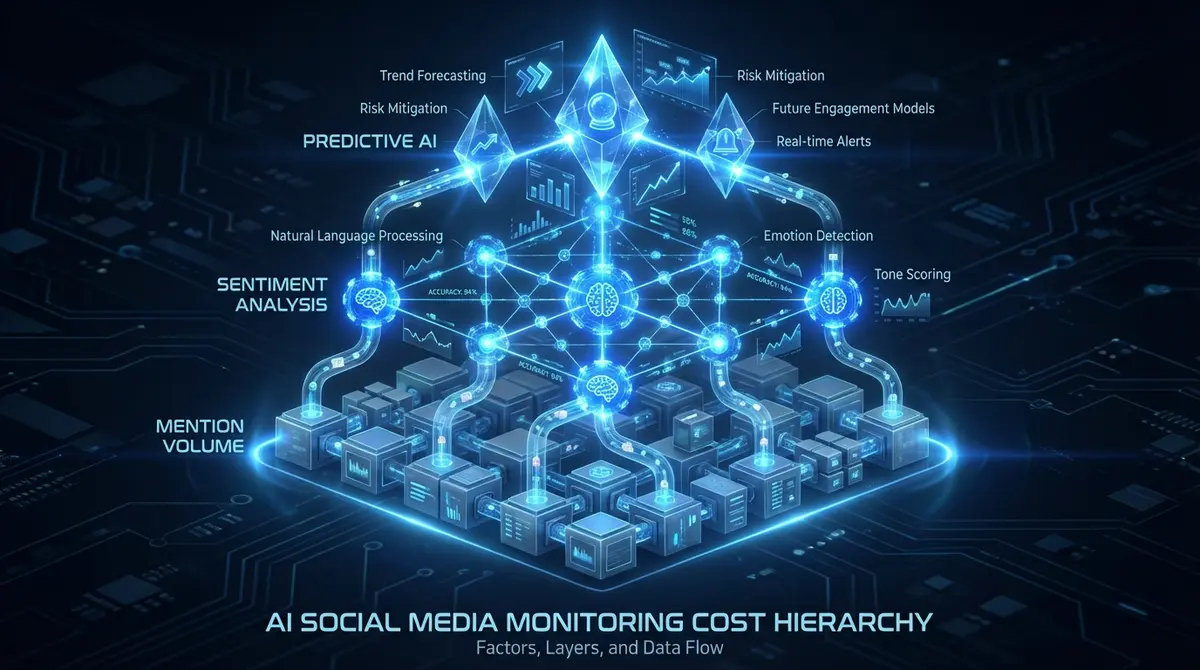 Infographic breaking down ai social media monitoring cost factors including volume and sentiment analysis