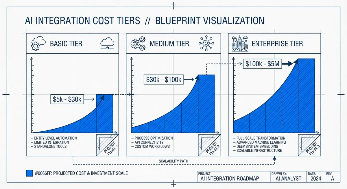 Infographic showing AI software integration pricing tiers from basic to enterprise