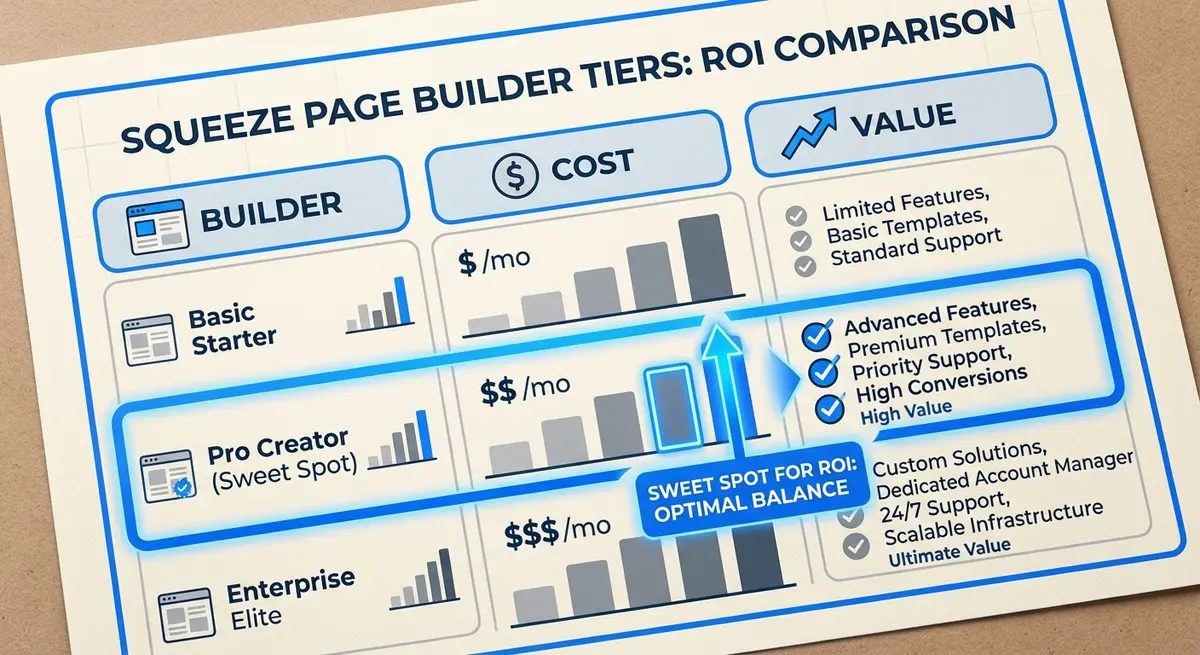 Infographic breaking down AI squeeze page builder cost by tier and features