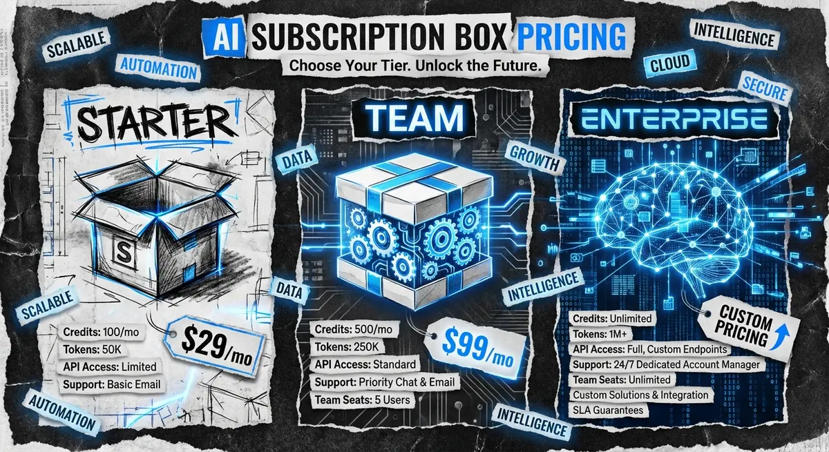 Infographic comparing AI subscription box pricing tiers from starter to enterprise