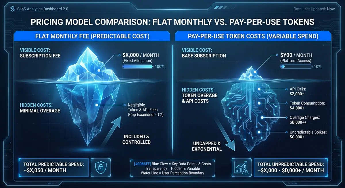 Infographic comparing flat AI subscription form cost versus variable API token pricing