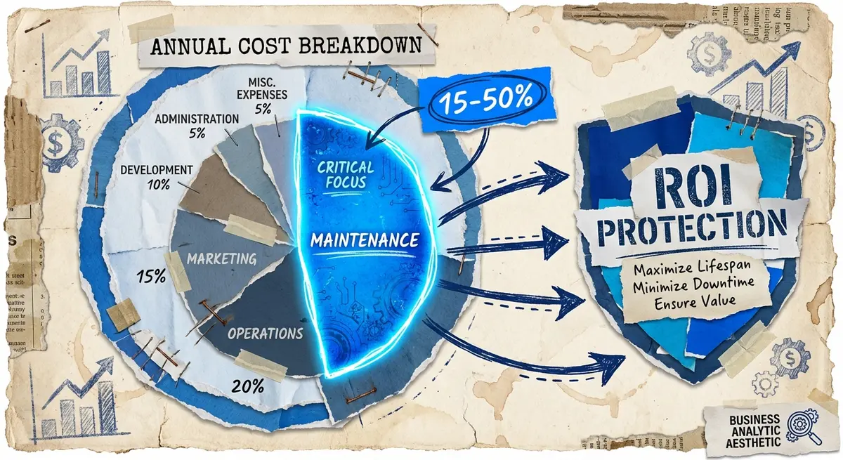 Infographic showing ai support maintenance cost as 15-50 percent of total investment
