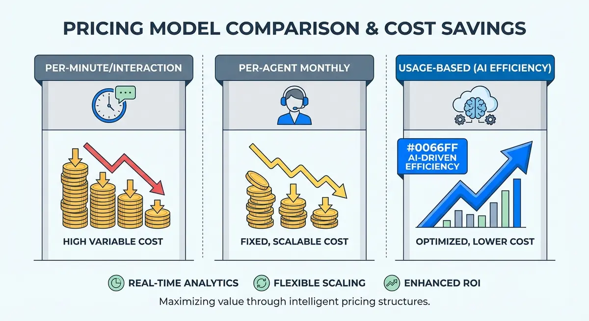 Infographic detailing different ai telecom agent cost pricing models including per-minute and per-seat options