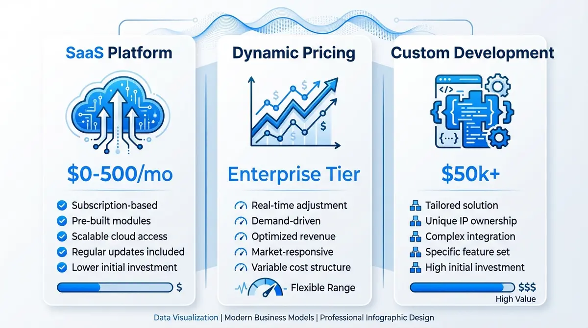 Infographic comparing ai theme park agent pricing models from SaaS to custom development