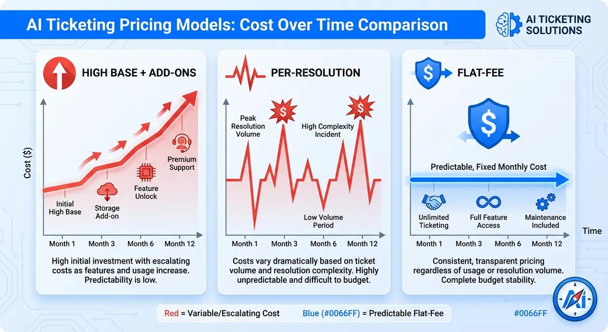 Comparison of AI ticketing system pricing models showing cost predictability over time
