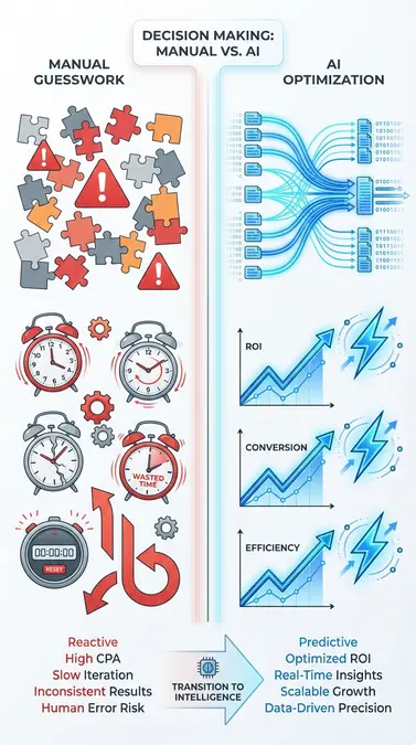 Infographic comparing manual ad management versus AI TikTok ads management pricing efficiency