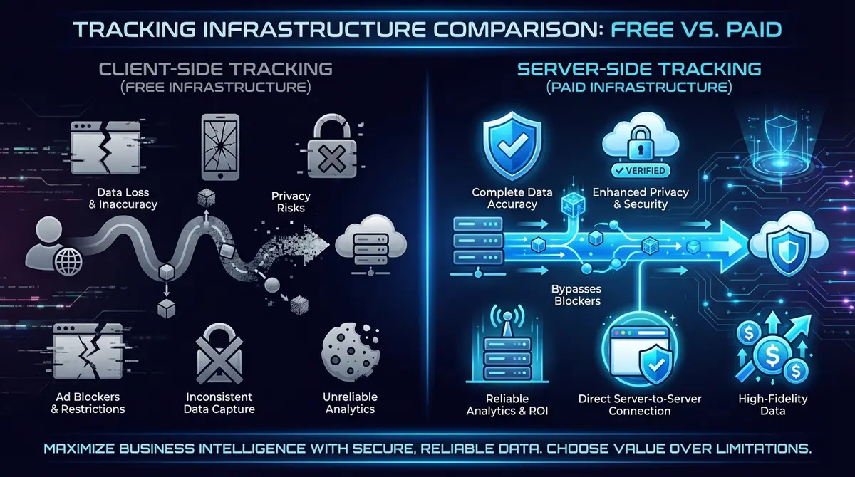 Infographic comparing client-side data loss versus server-side AI TikTok pixel tracking accuracy