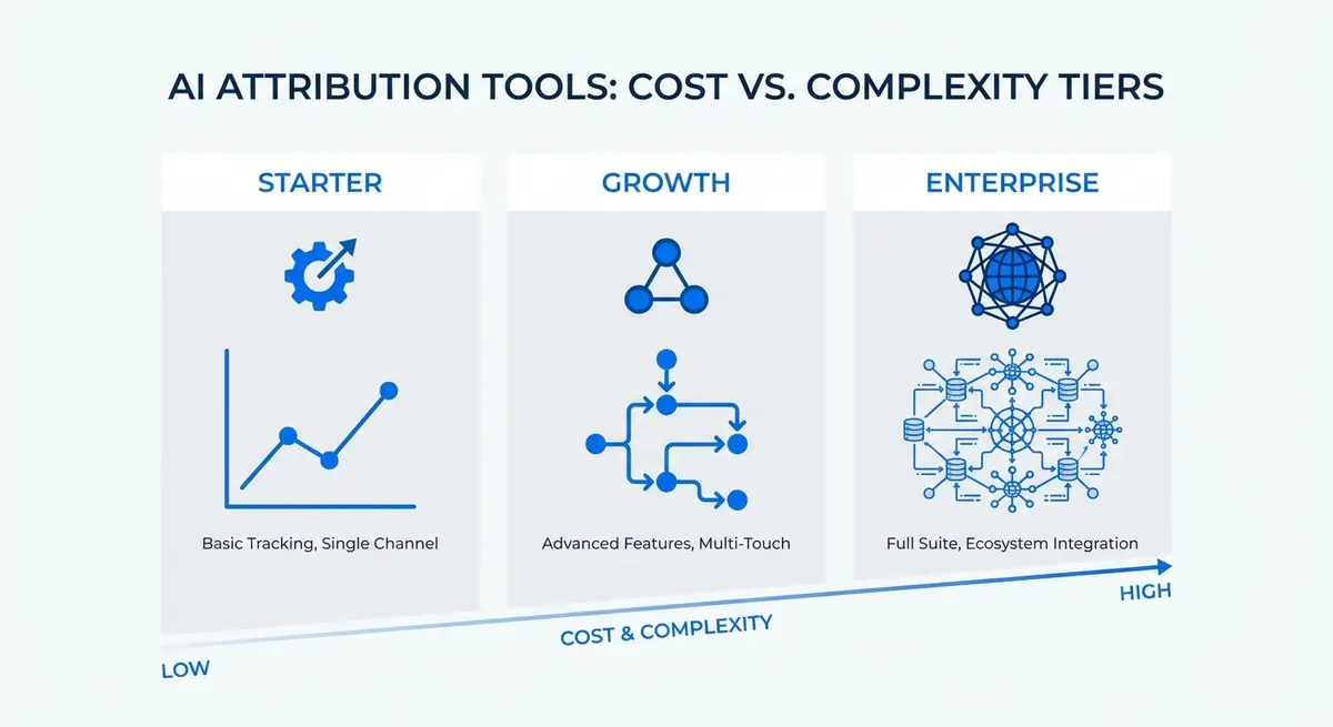 Comparison of AI touchpoint attribution pricing tiers from starter to enterprise