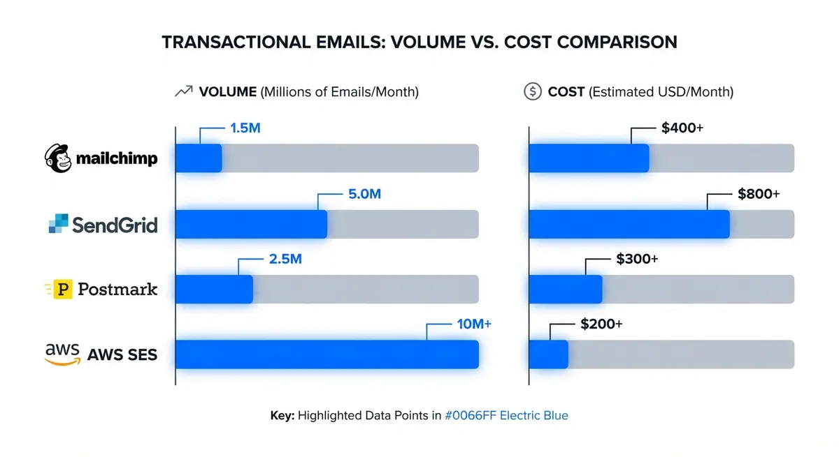 Infographic comparing AI transactional email cost across major providers based on volume