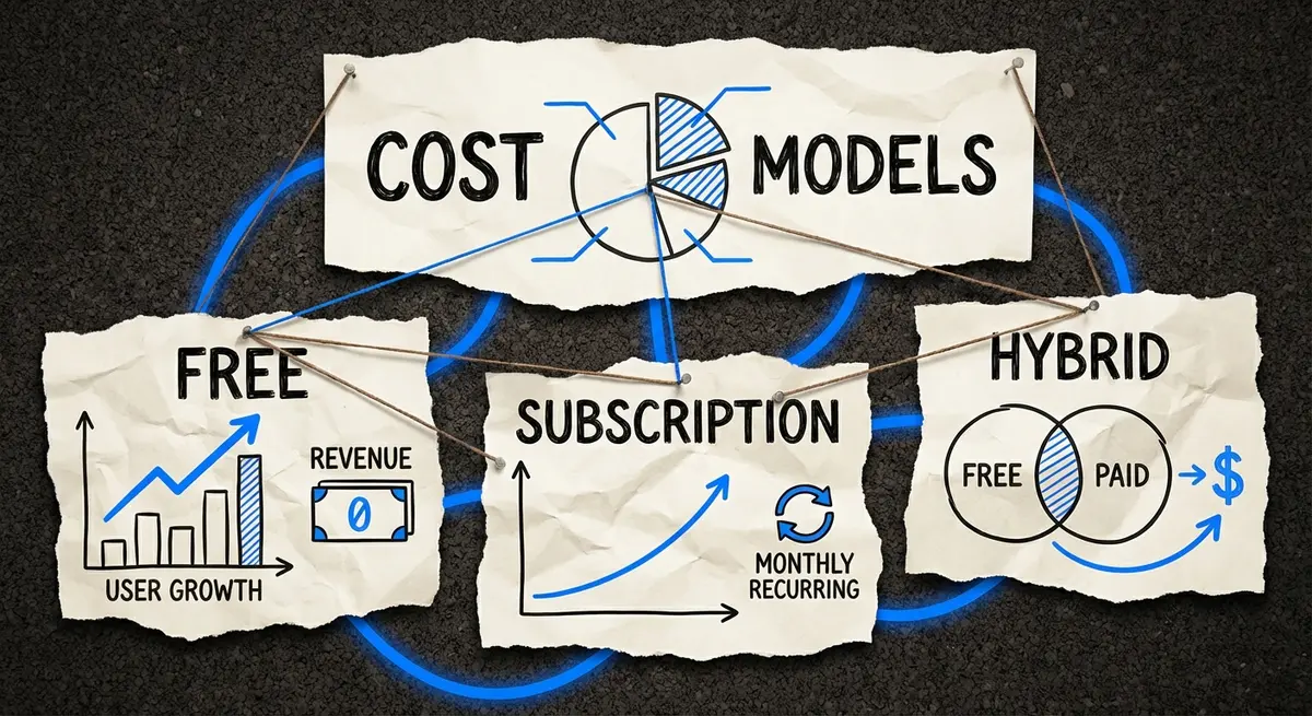 Infographic comparing ai travel agent cost models including free, subscription, and hybrid fees