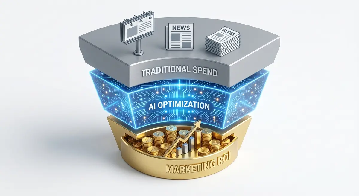 Infographic showing how AI travel assistant optimization for hotels cost filters wasteful spending into marketing ROI