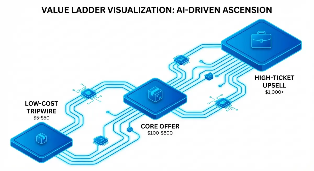 Infographic showing the AI tripwire funnel value ladder and pricing progression