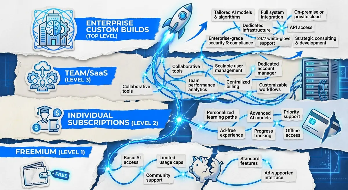 Infographic showing the hierarchy of AI tutoring agent pricing models from free to enterprise