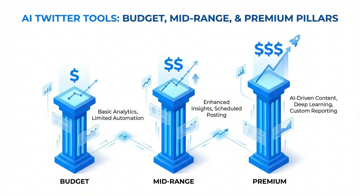Infographic comparing AI Twitter management cost tiers from budget to enterprise