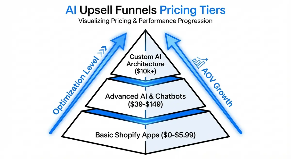 Infographic comparing AI upsell funnel cost tiers from basic apps to custom architecture