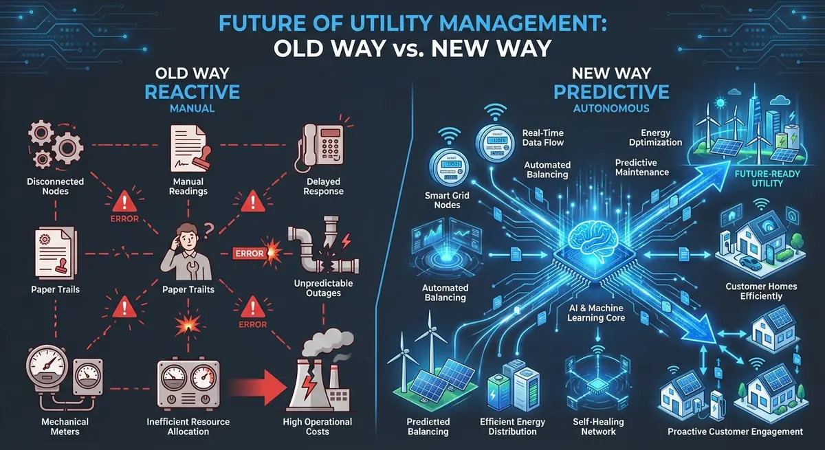 Infographic comparing manual utility operations versus AI utility company agent pricing strategies for grid optimization