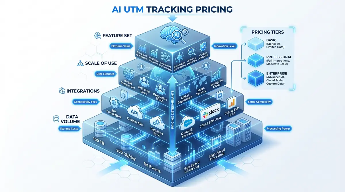 Infographic breaking down factors influencing AI UTM tracking pricing including integrations and scale