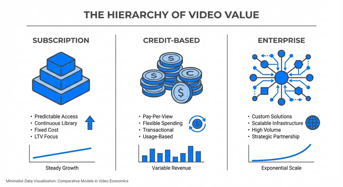 Comparison of AI video optimization pricing models: Subscription, Credit-Based, and Enterprise