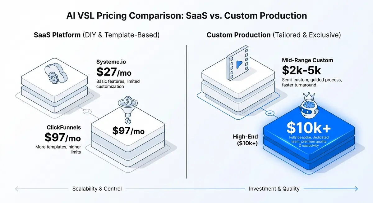 Infographic comparing AI video sales letter funnel pricing models from SaaS to custom solutions