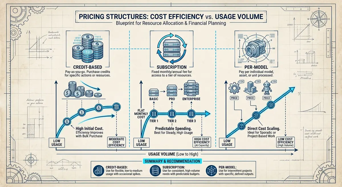 Infographic comparing ai virtual try on pricing models: credit-based, subscription, and per-model