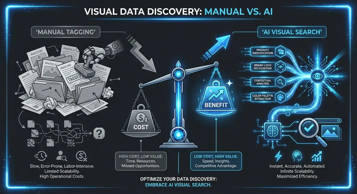 Infographic comparing the cost and efficiency of manual tagging versus AI visual search pricing models